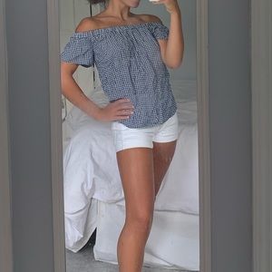 Off the shoulder blue and white checkered top